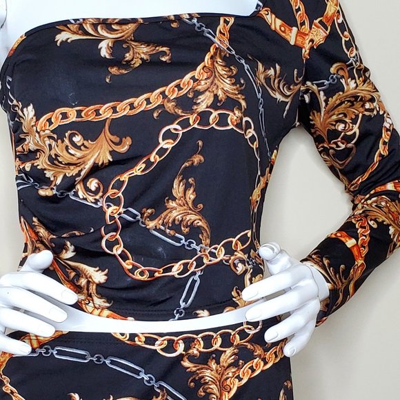 Touch Me Black/Bronze Chain Print One Shoulder Blouse with Asymmetric Skirt SZ L - Picture 7 of 9